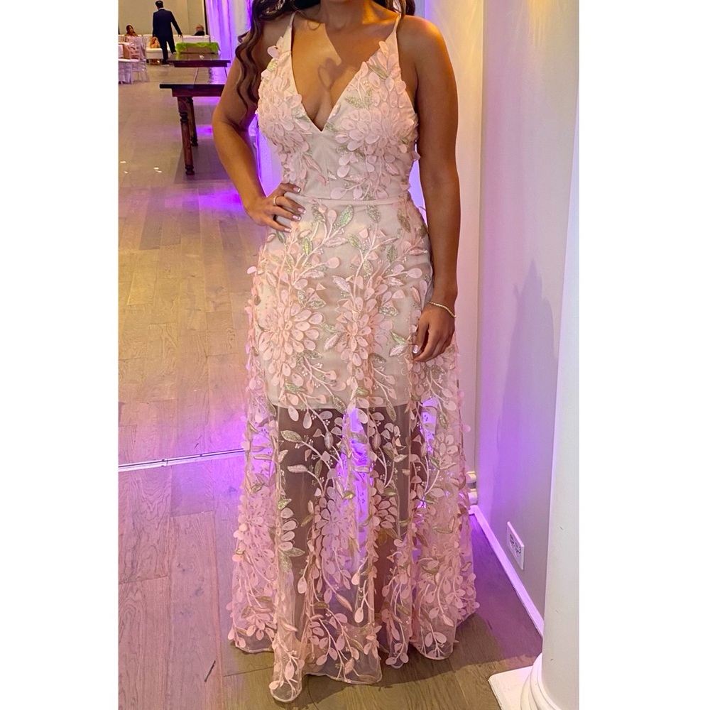 Xscape pink 3D floral/sheer overlay gown